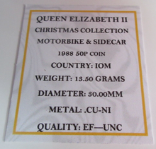 Load image into Gallery viewer, 1988 QEII CHRISTMAS COLLECTION MOTORBIKE &amp; SIDECAR MM AA 50P COIN BOX &amp; COA
