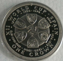Load image into Gallery viewer, WORLD CUP SPAIN PROOF ELIZABETH II ISLE OF MAN 1982 ONE CROWN COIN IN CAPSULE
