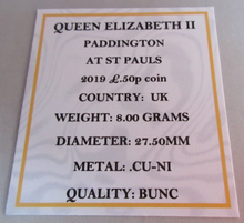 Load image into Gallery viewer, 2019 PADDINGTON AT ST PAULS QEII BUNC 50P FIFTY PENCE COIN QUAD CAPSULE &amp; COA
