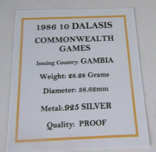 Load image into Gallery viewer, 1986 COMMONWEALTH GAMES GAMBIA SILVER PROOF 10 DALASIS COIN BOX &amp; COA
