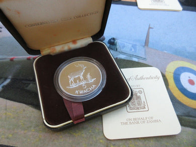 1979 ROYAL MINT ZAMBIA CONSERVATION ANTILOPE SILVER 5 KWATCHA COIN IN BOX/COA