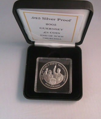 Churchill End of World War II 2005 Silver Proof 1oz Guernsey £5 Coin BoxCOA