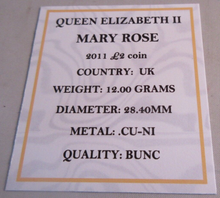 Load image into Gallery viewer, 2011 MARY ROSE QEII BUNC £2 TWO POUND COIN WITH QUAD CAPSULE &amp; COA
