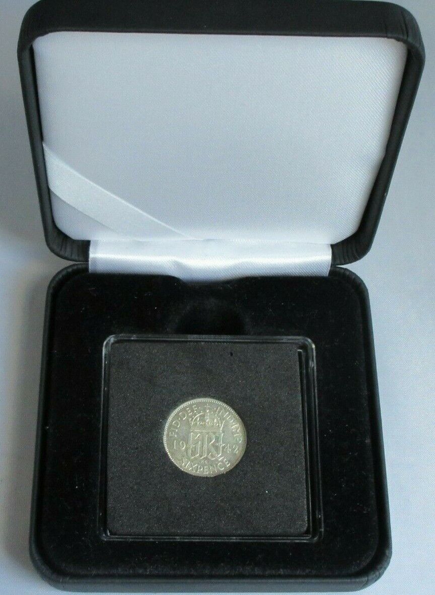 1942 KING GEORGE VI BARE HEAD .500 SILVER aUNC 6d SIXPENCE COIN CAPSULE & BOX