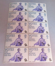 Load image into Gallery viewer, 1968 VOTES FOR WOMEN 9d BLOCK 10 X STAMPS MNH WITH CLEAR FRONTED STAMP HOLDER
