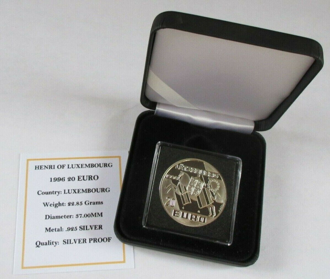 1996 HENRI OF LUXEMBOURG SILVER PROOF LUXEMBOURG 20 EURO COIN WITH COA & BOX