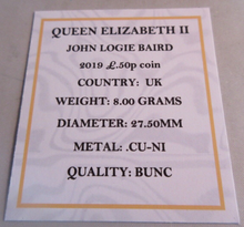 Load image into Gallery viewer, 2021 JOHN LOGIE BAIRD QEII BUNC 50P FIFTY PENCE COIN WITH QUAD CAPSULE &amp; COA
