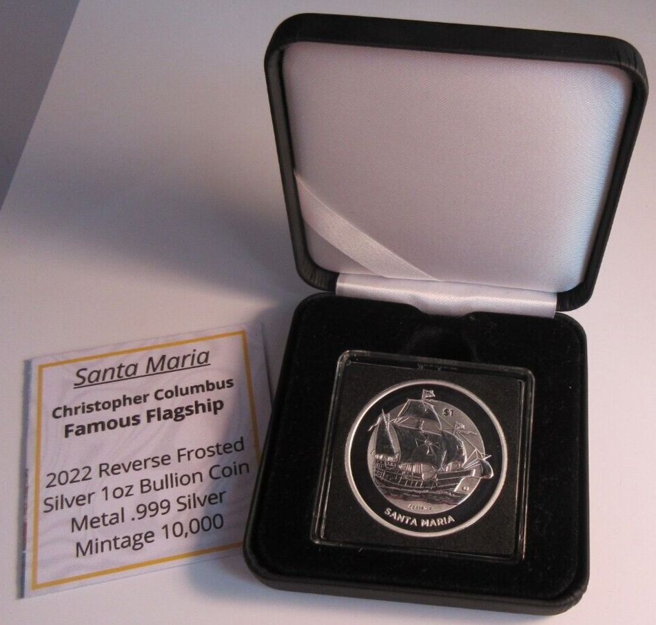 2022 QEII SANTA MARIA COLUMBUS FLAGSHIP REVERSE FROSTED .999 SILVER 1OZ COIN&BOX