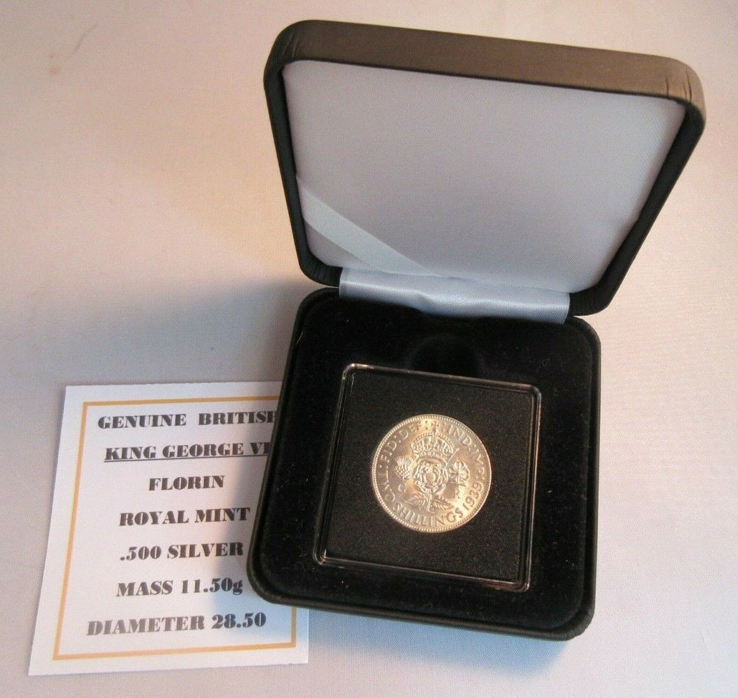 1939 KING GEORGE VI FLORIN TWO SHILLINGS COIN aUNC .500 SILVER IN CAPSULE & BOX