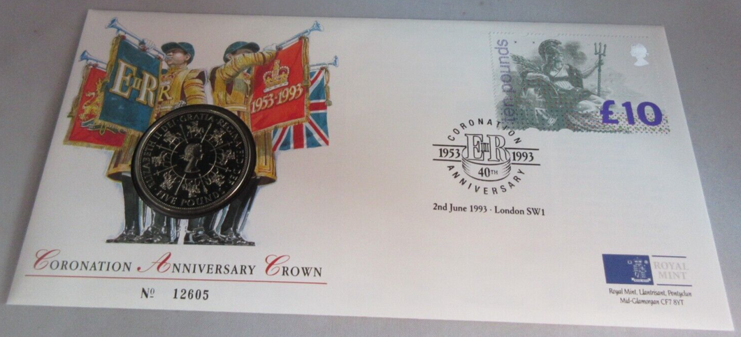1953-1993 CORONATION ANNIVERSARY CROWN £5 COIN COVER, PNC WITH INFORMATION CARD