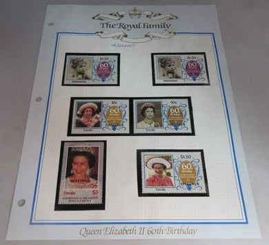 1986 QUEEN ELIZABETH II 60TH BIRTHDAY MONTSERRAT & TUVALU STAMPS & ALBUM SHEET