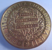 Load image into Gallery viewer, 1911 CORONATION DELHI DURBA TOURNAMENT FOOTBALL GUILDED BRONZE MEDAL VERY RARE
