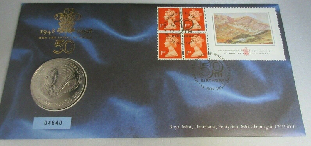 1948-1998 50th BIRTHDAY OF THE PRINCE OF WALES BUNC 1998 £5 COIN COVER PNC