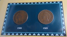 Load image into Gallery viewer, INDIAN HEAD PENNIES ISSUED 1908 &amp; 1909 WITH POSTAGE STAMPS ON ALBUM INFO SHEET
