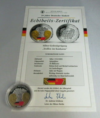 20 YEARS OF GERMAN UNITY MEETING IN THE CAUCASUS 1990 SILVER PROOF MEDAL & COA