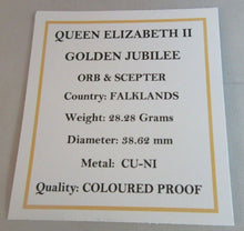 Load image into Gallery viewer, 2002 QEII GOLDEN JUBILEE ORB &amp; SCEPTER 50P CROWN COLOURED PROOF BOX &amp; COA
