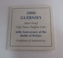 Load image into Gallery viewer, 2000 Battle of Britain RoyalMint Silver Proof Piedfort Guernsey 50p Coin Box/COA
