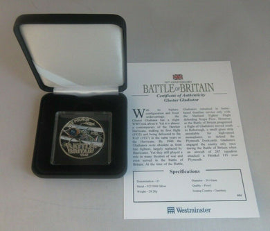 2010 Gloster Gladiator Battle of Britain Coloured Silver Proof Guernsey £5 COIN