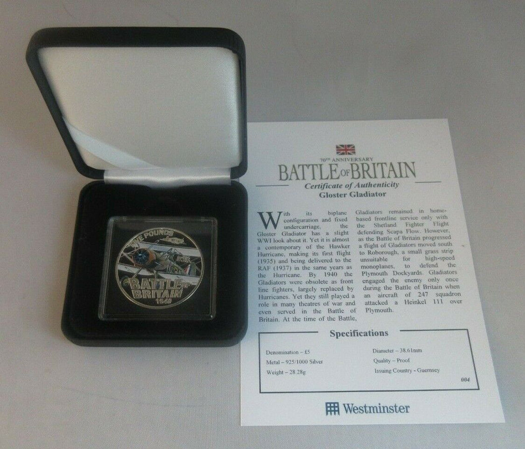 2010 Gloster Gladiator Battle of Britain Coloured Silver Proof Guernsey £5 COIN