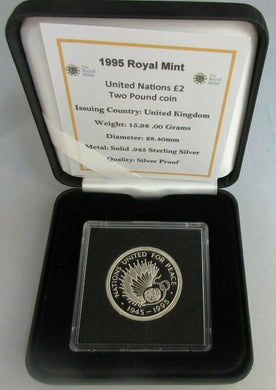 UK £2 1995 UNITED NATIONS FOR PEACE SILVER PROOF TWO POUND COIN BOXED