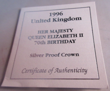 Load image into Gallery viewer, 1996 HER MAJESTY QUEEN ELIZABETH II 70TH BIRTHDAY SILVER PROOF £5 CROWN BOX &amp;COA
