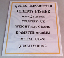 Load image into Gallery viewer, 2017 JEREMY FISHER QEII BUNC 50P FIFTY PENCE COIN QUAD CAPSULE &amp; COA
