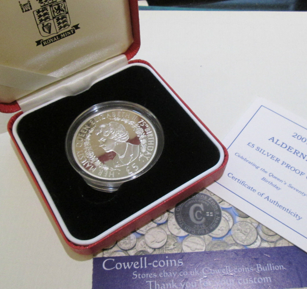 2001 ALDENEY £5 FIVE Pounds Silver Proof Crown Coin QUEENS 75TH BIRTHDAY BOX/COA