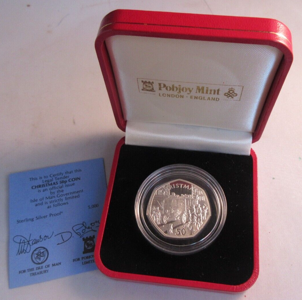 1987 CHRISTMAS 50P FIFTY PENCE SILVER PROOF IOM 50P WITH COA & PRESENTATION BOX