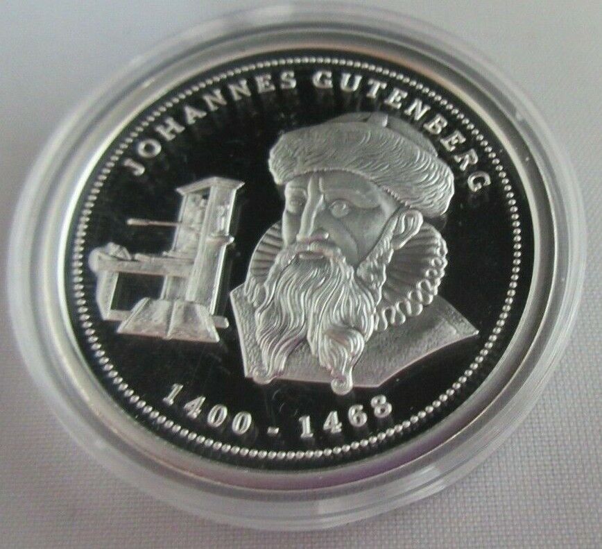 THE GREATEST GERMANS IN REAL SILVER JOHANNES GUTTENBERG 1400-1468 S/PROOF MEDAL