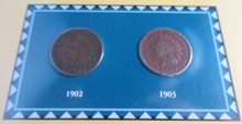 Load image into Gallery viewer, INDIAN HEAD PENNIES ISSUED 1902 &amp; 1903 WITH POSTAGE STAMPS ON ALBUM INFO SHEET
