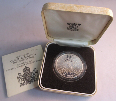 1980 UK QUEEN ELIZABETH THE QUEEN MOTHER 80th BIRTHDAY PROOF CROWN BOX & COA