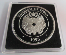 Load image into Gallery viewer, 1993 CORONATION ANNIVERSARY CROWN SILVER PROOF TONGA 1 PA ANGA COIN BOX &amp; COA
