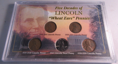 USA 1909-1958 FIVE DECADES OF LINCOLN WHEAT EARS PENNIES IN HARD CASE