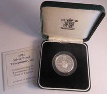 Load image into Gallery viewer, 1994 £2 TERCENTENARY OF THE BANK OF ENGLAND SILVER PROOF TWO POUND COIN BOXED
