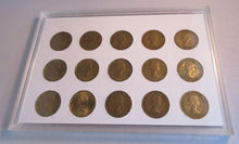 Load image into Gallery viewer, 1953-1967 QUEEN ELIZABETH II BRASS THREEPENCE 3d 15 COIN SET IN R/MINT BLUE BOOK
