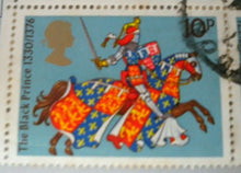 Load image into Gallery viewer, 1974 MEDIEVAL WARRIORS THE BLACK PRINCE 10P BLOCK OF 4 STAMPS  USED
