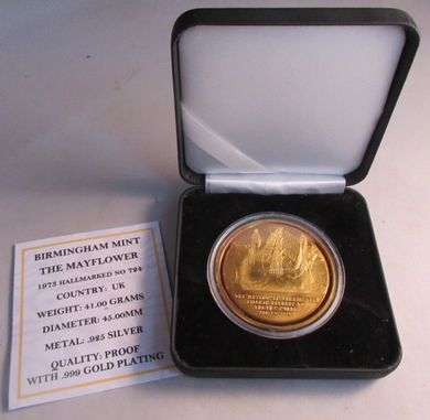 1973 THE MAYFLOWER BIRMINGHAM MINT HALLMARKED G/PLATED SILVER MEDAL COA BOX