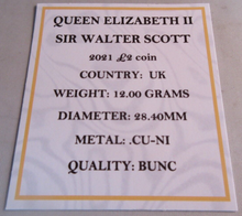 Load image into Gallery viewer, 2021 SIR WALTER SCOTT QEII BUNC £2 TWO POUND COIN WITH QUAD CAPSULE &amp; COA
