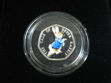 Load image into Gallery viewer, BEATRIX POTTER PETER RABBIT 2017 COLOURIZED SILVER PROOF ROYAL MINT 50p BOX&amp;COA
