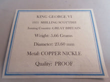 Load image into Gallery viewer, 1951 KING GEORGE VI BARE HEAD PROOF SCOTTISH ONE SHILLING COIN BOXED WITH COA
