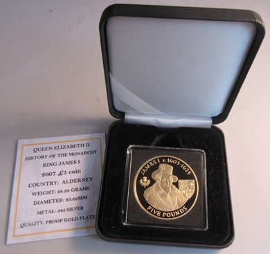 2007 QEII JAMES I HISTORY OF THE MONARCHY ALDERNEY S/PROOF £5 COIN BOX & COA
