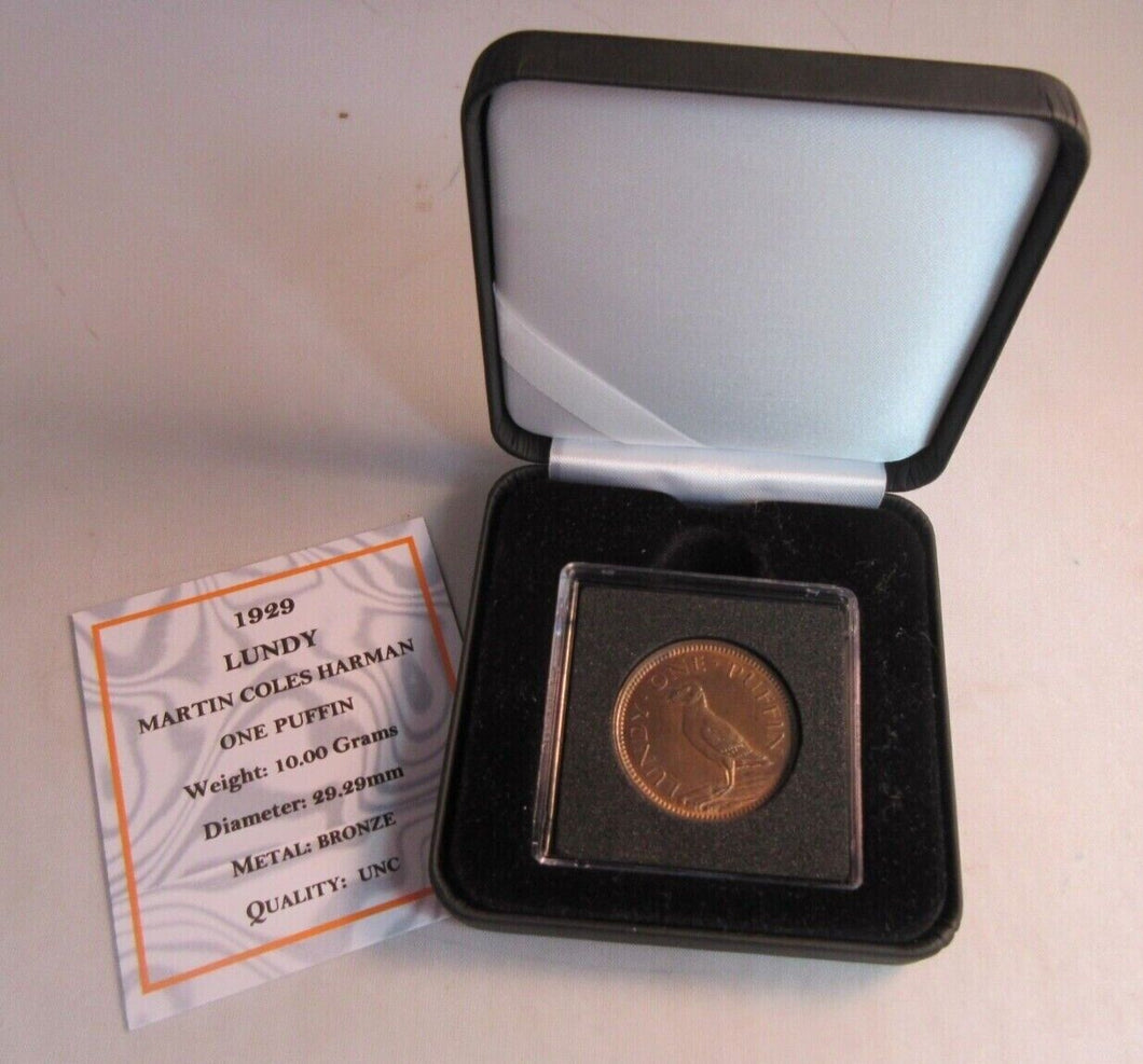 1929 LUNDY ISLAND BRONZE ONE PUFFIN MARTIN COLES HARMAN UNC WITH BOX & COA