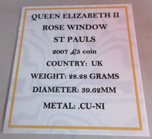 Load image into Gallery viewer, 2007 QEII ROSE WINDOW ST PAULS BUNC £5 FIVE POUND COIN QUAD CAPSULE &amp; COA
