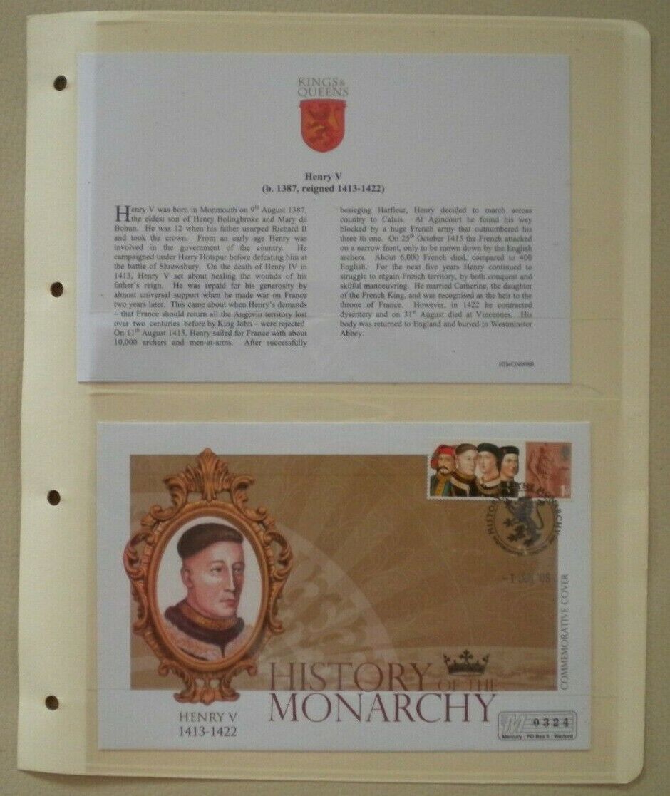 2008 HISTORY OF THE MONARCHY HENRY V COMMEMORATIVE STAMP COVER