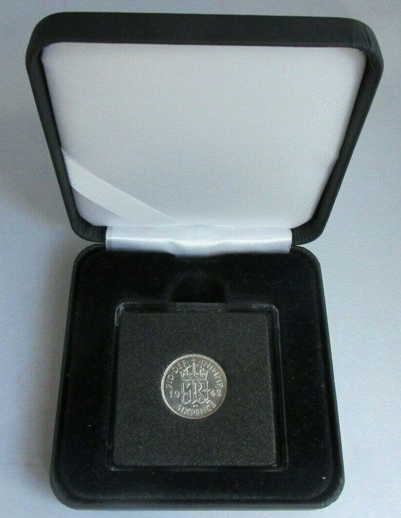 1942 KING GEORGE VI BARE HEAD .500 SILVER aUNC 6d SIXPENCE COIN CAPSULE & BOX