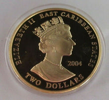 Load image into Gallery viewer, T E LAWRENCE EAST QEII CARIBBEAN STATES PIEDFORT GOLD PLATED 2004 2 DOLLAR COIN
