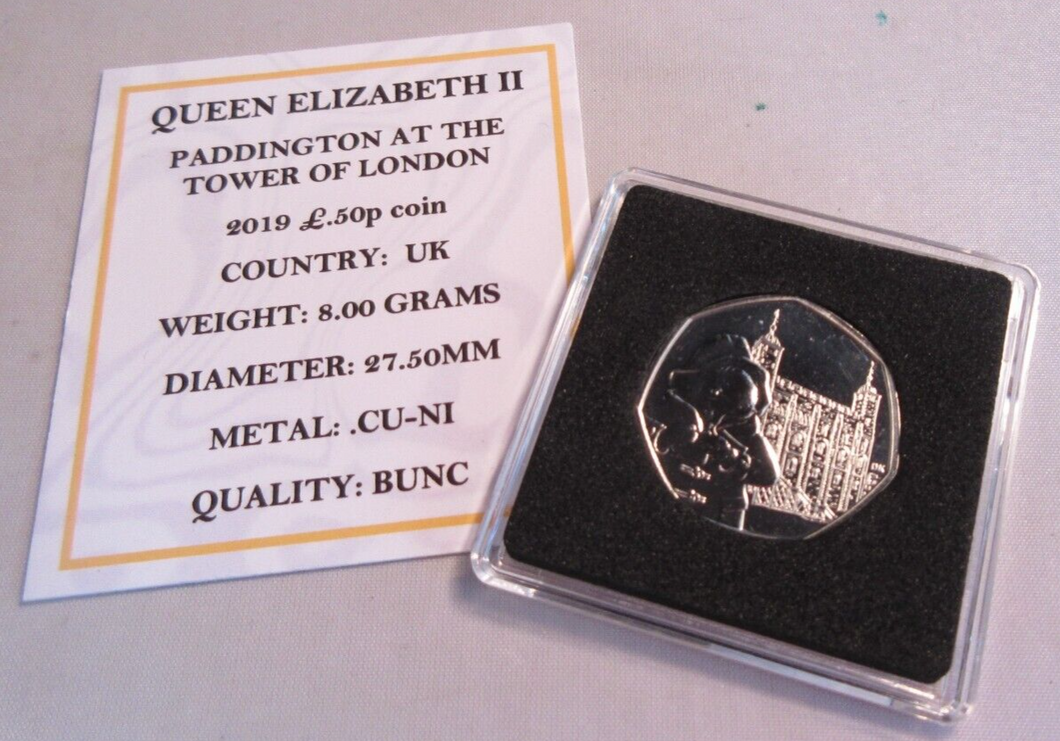 2019 PADDINGTON TOWER OF LONDON QEII BUNC 50P FIFTY PENCE COIN QUAD CAP & COA