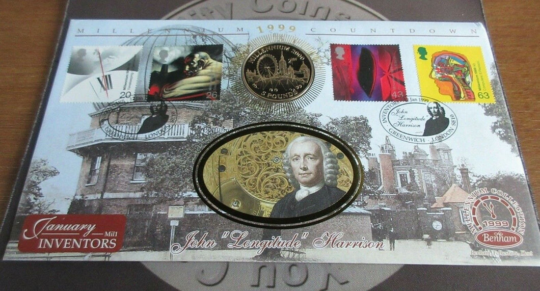 1998 Millennium Gibraltar Proof £5 Coin + Inventors John Harrison BenhamSilk PNC