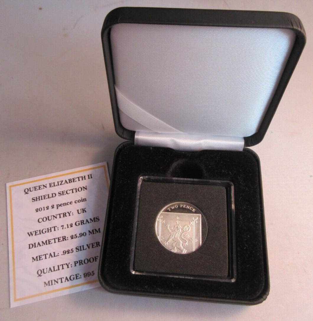 2012 QUEEN ELIZABETH II SHIELD SECTION SILVER PROOF TWO PENCE COIN BOX & COA