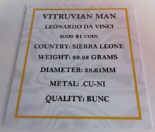 Load image into Gallery viewer, 2006 VITRUVIAN MAN LEONARDO DA VINCI BU SIERRA LEONE ONE DOLLAR COIN CAP &amp; COA
